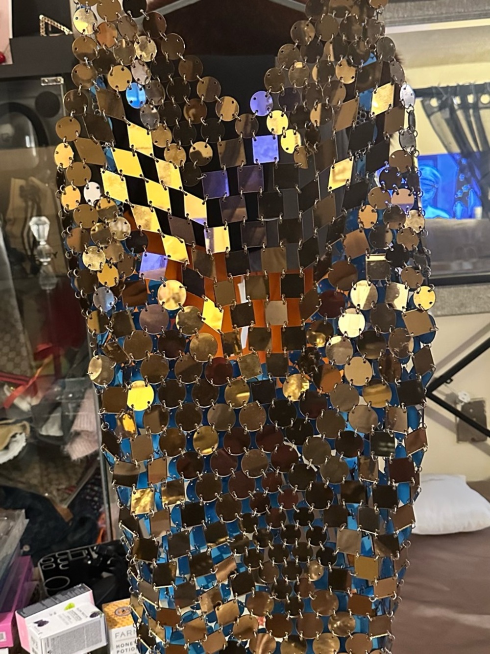 Bronze Metallic Backless Chainmail Dress